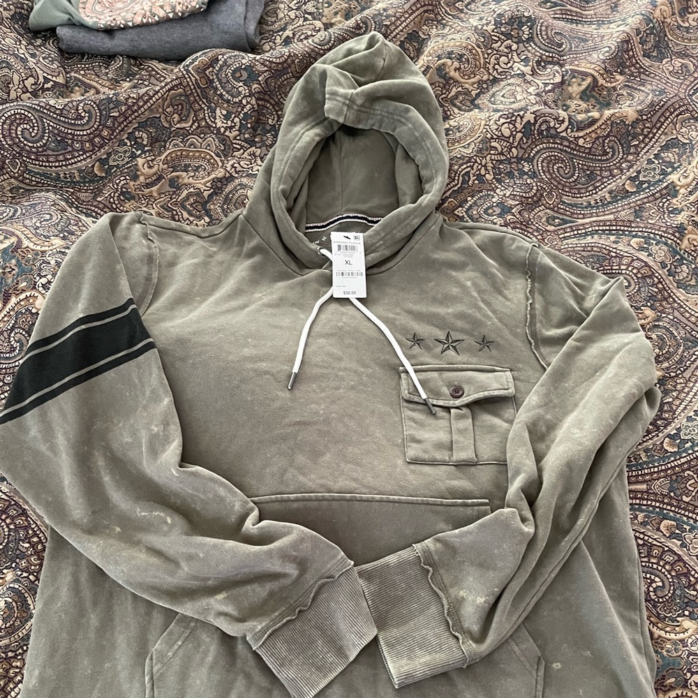 Brand new mens hoodie. Olive green with black stripes. XL size. 100% cotton.